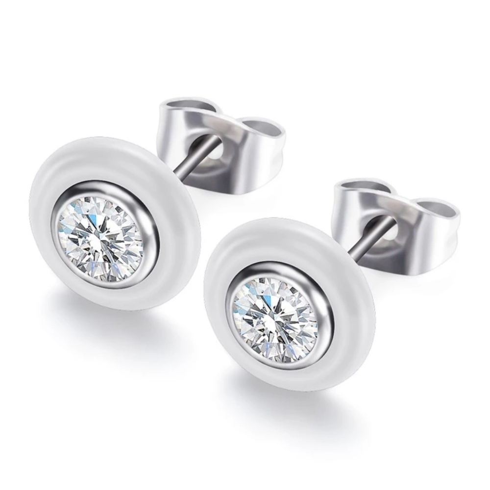NEW White Solitaire Diamond Ceramic Stud Earrings‎